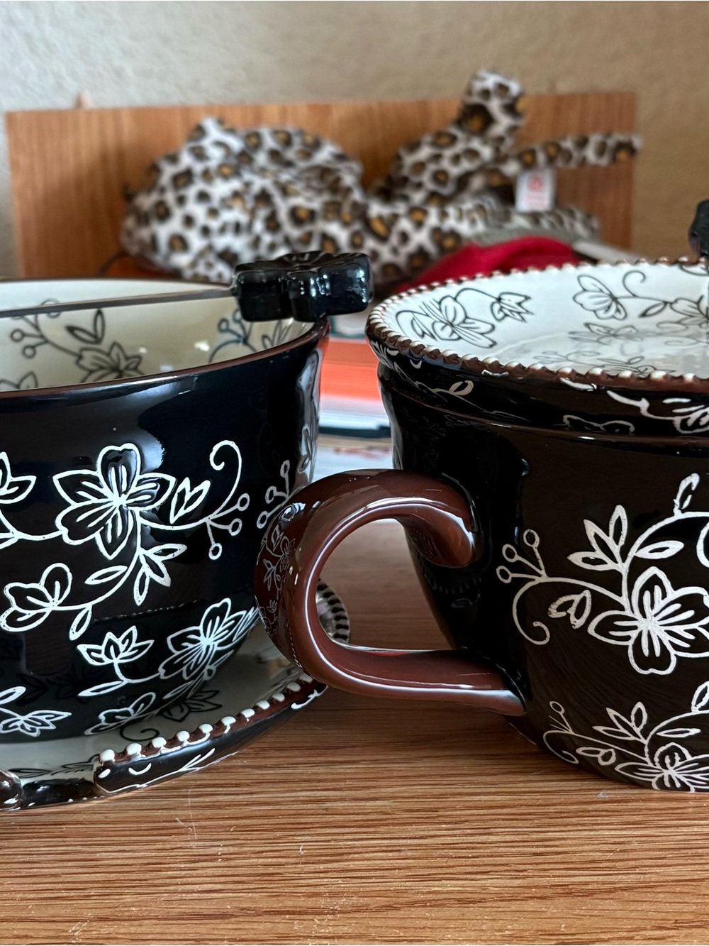 Temp-Tations Black, Brown, and White Floral Ceramic Mug with Saucer and Spoon